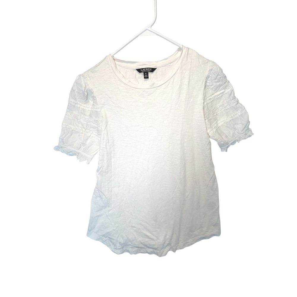 $79 Ralph‎ Lauren Womens white cotton Puff-Sleeve Slub Jersey T-Shirt Top Size M
